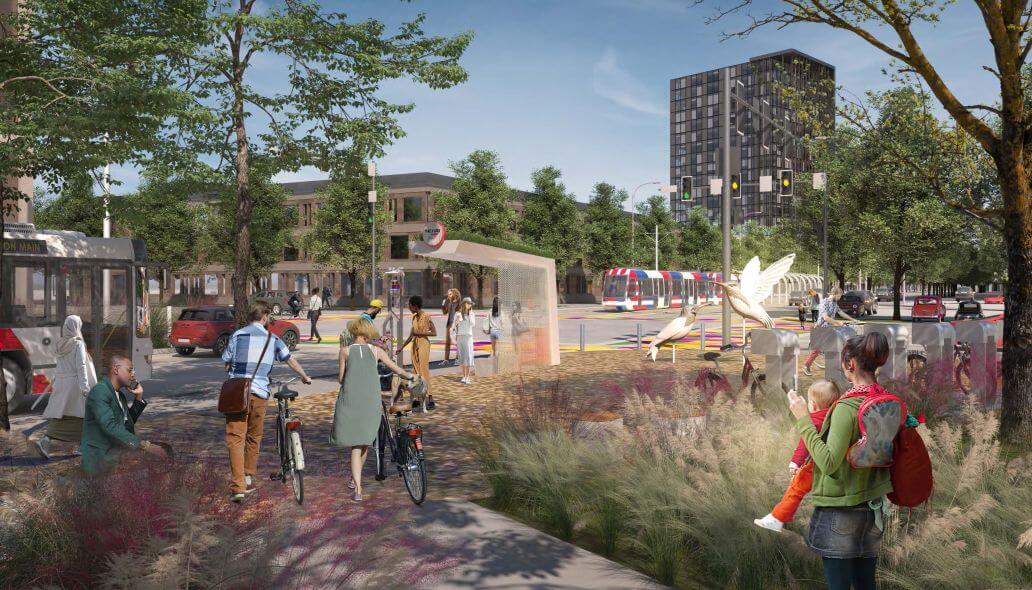 Urban design rendering of people waiting at a bus stop and rolling bikes along the street with a METRO bus and METRORail train along the street.