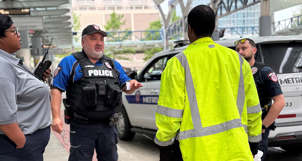 MPD C.A.R.E Team engaged with an individual at the Downtown Transit Center.